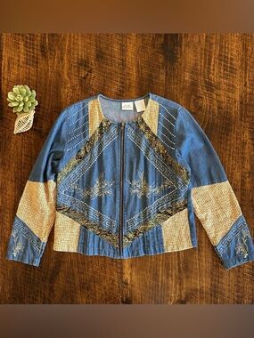 Blair Boutique | VTG Patchwork Denim Jacket Embroidered Beaded Boho Gold, Size S